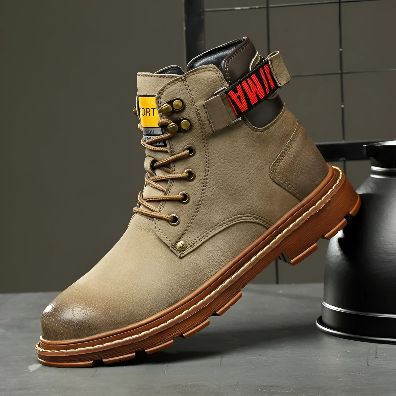 Men's black pigskin leather riding boots with lace-up lacing and a rubber outsole