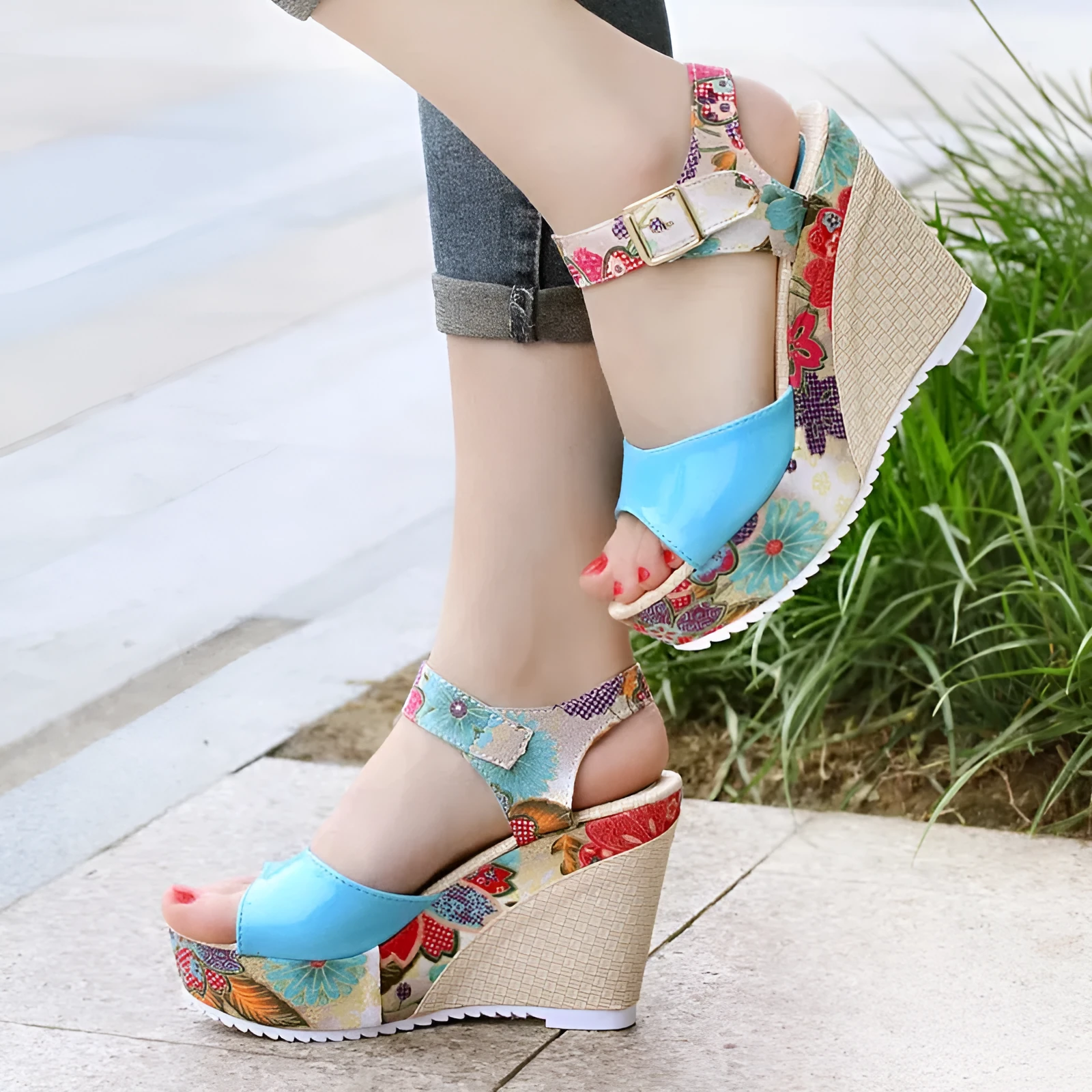 Floral high heel women sandals with wedge heel, ankle strap, and waterproof platform in white