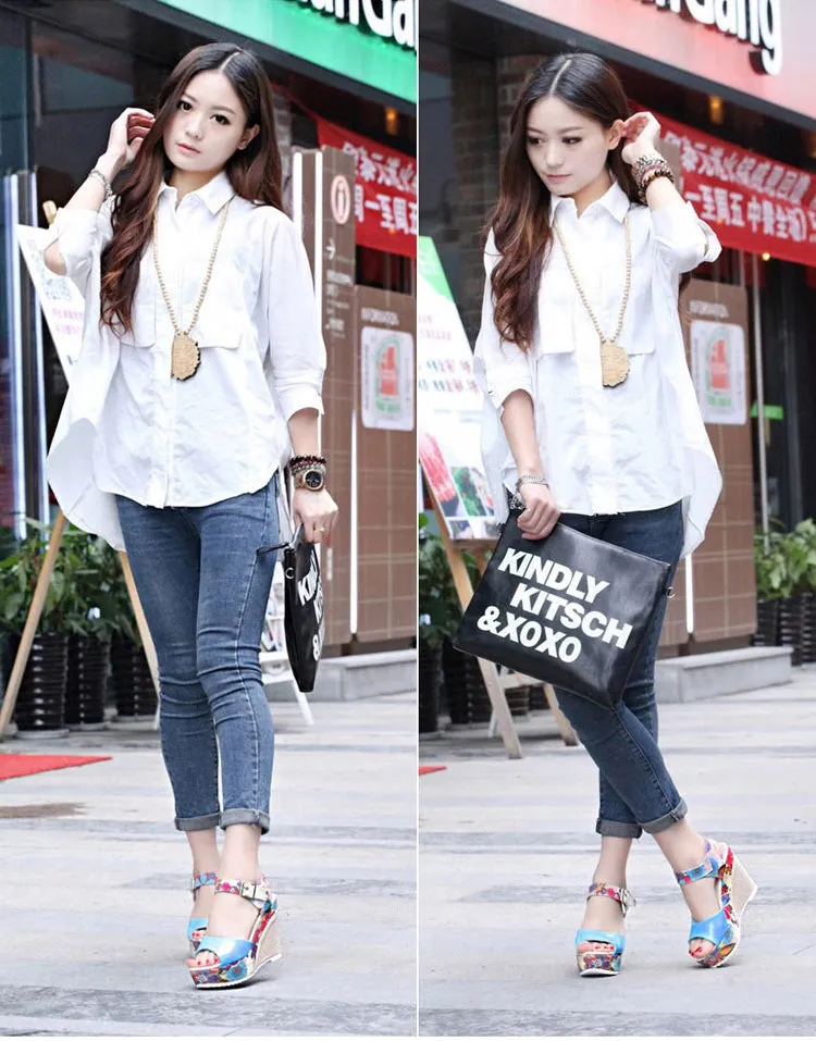 Floral high heel women sandals with wedge heel, ankle strap, and waterproof platform in white