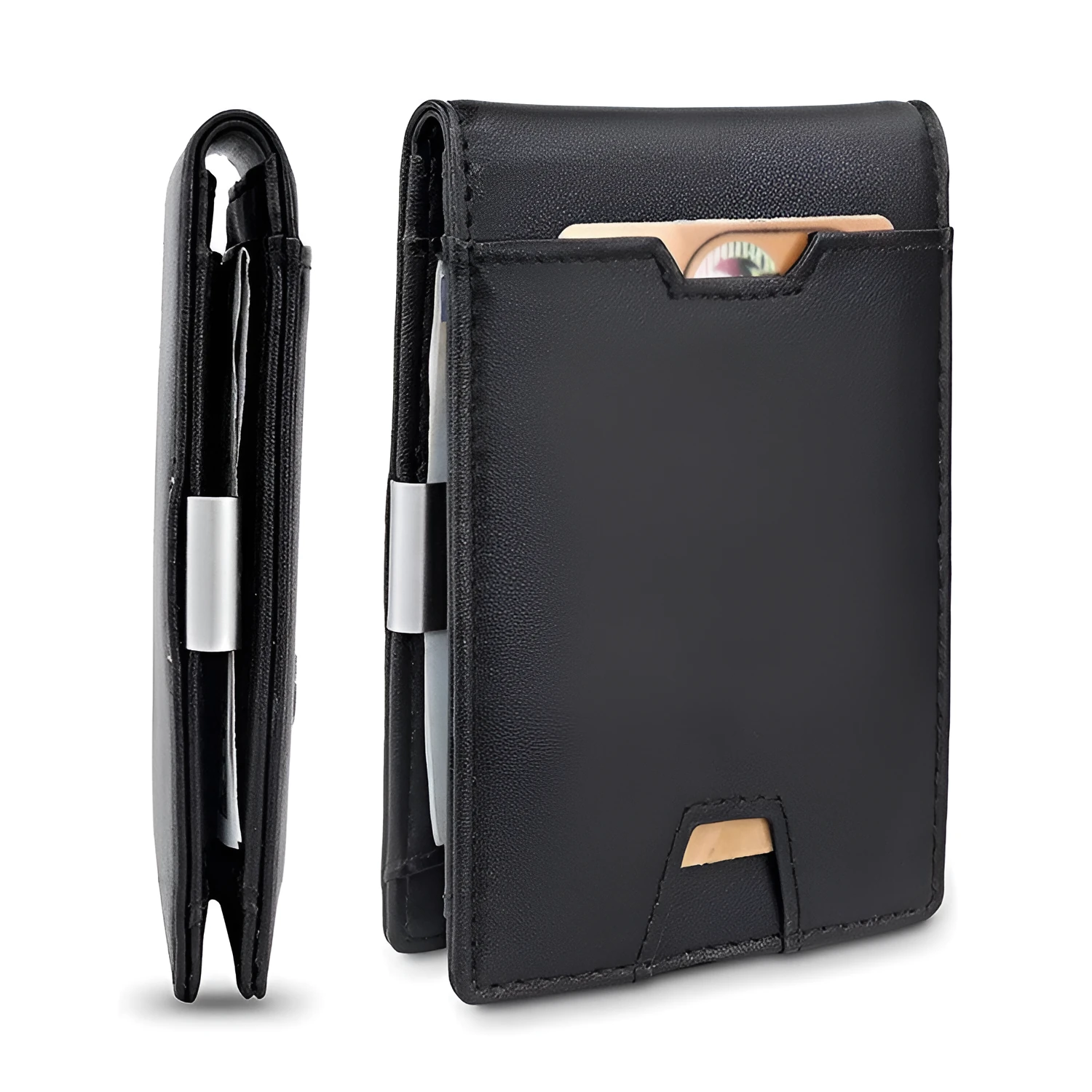 Men's black fibre leather card holder money clip wallet with horizontal square shape and cash clip open