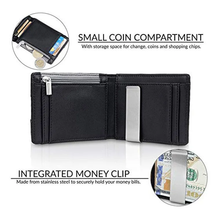 Men's black fibre leather card holder money clip wallet with horizontal square shape and cash clip open