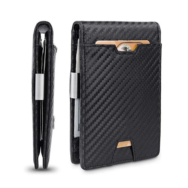 Men's black fibre leather card holder money clip wallet with horizontal square shape and cash clip open