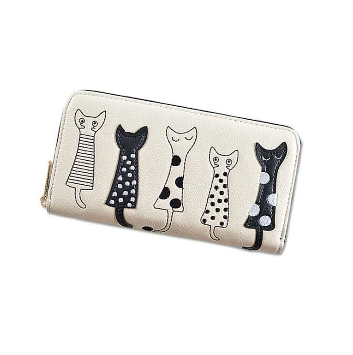 Women cat cartoon wallet artificial leather bi-fold design 10x18.8x3 cm in beige colour