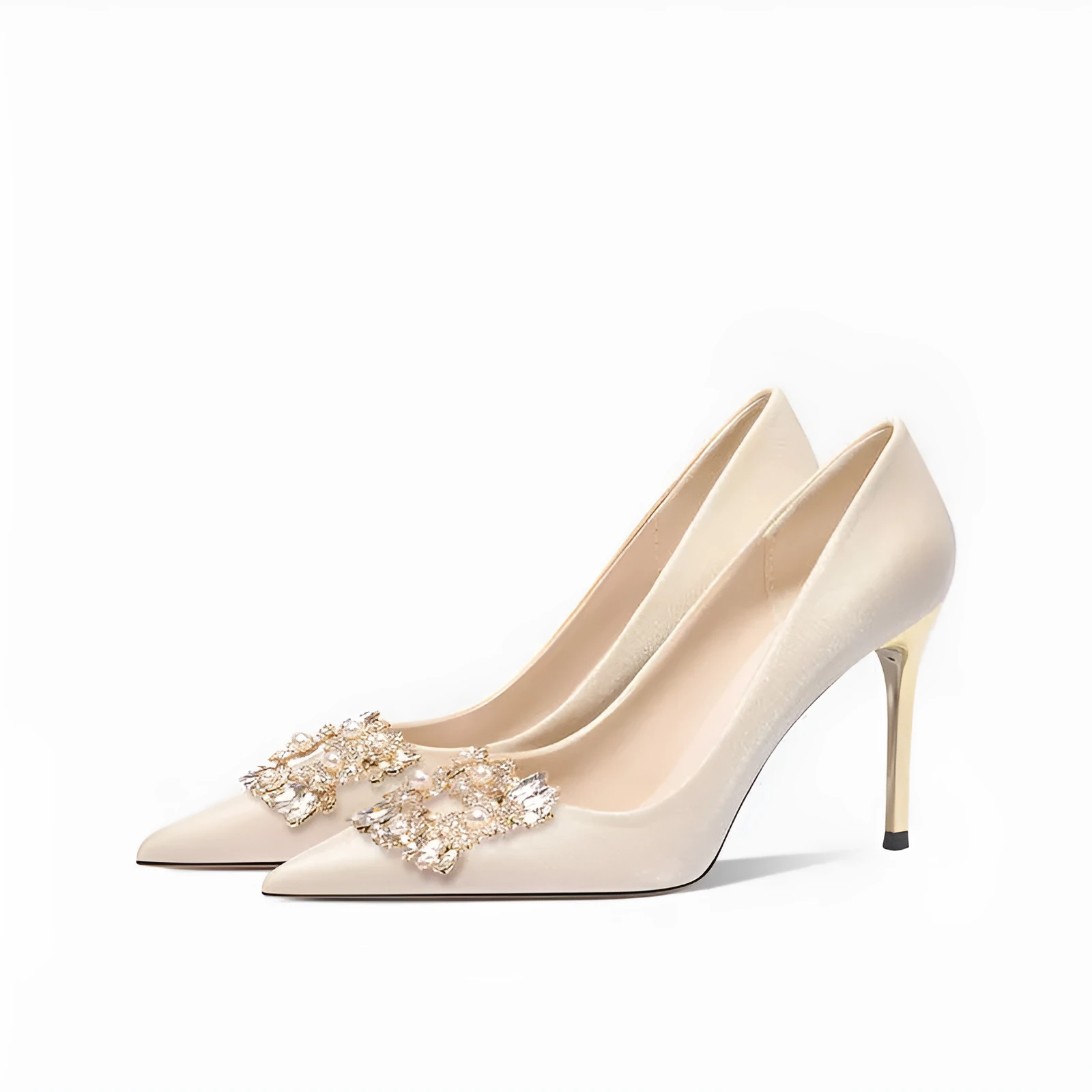 Women's crystal bridal high heels with rhinestone detail, pointed toe, and choice of stiletto or cat heel in 5cm or 8cm heights.