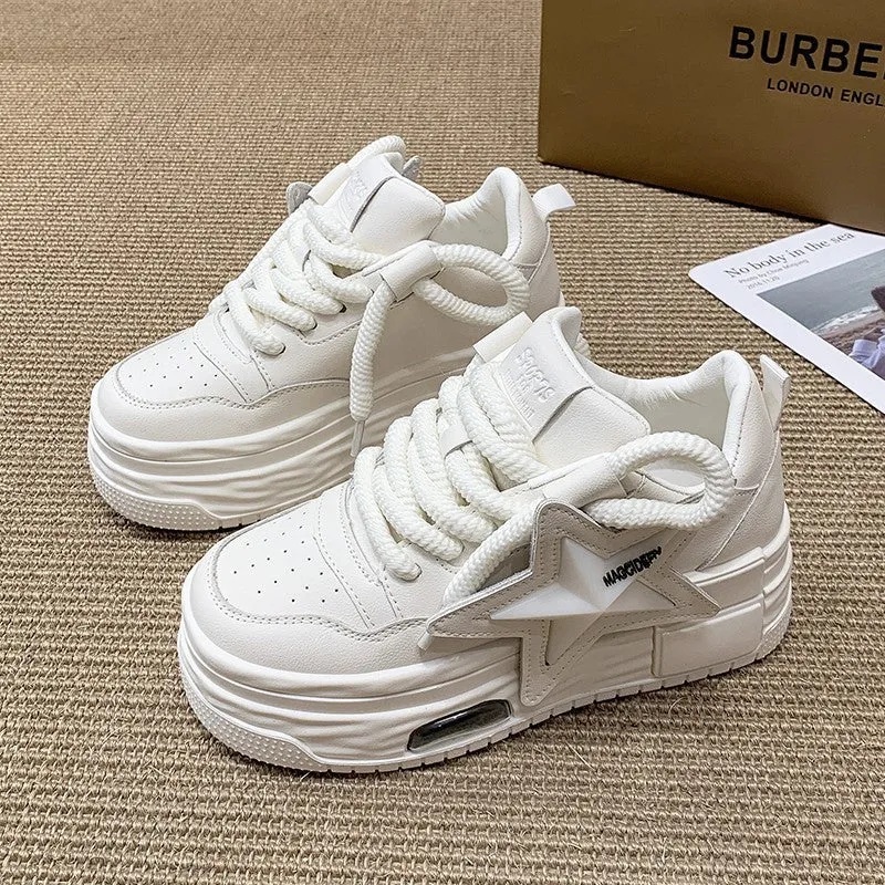 Women's casual platform board shoes in white with low heel, lace-up closure, and rubber sole