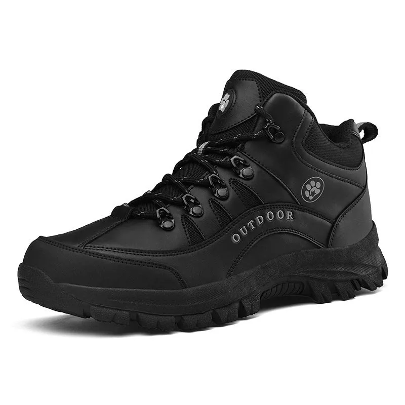 Men's military-style hiking boots in black with PU upper and rubber sole, shown on outdoor ground.