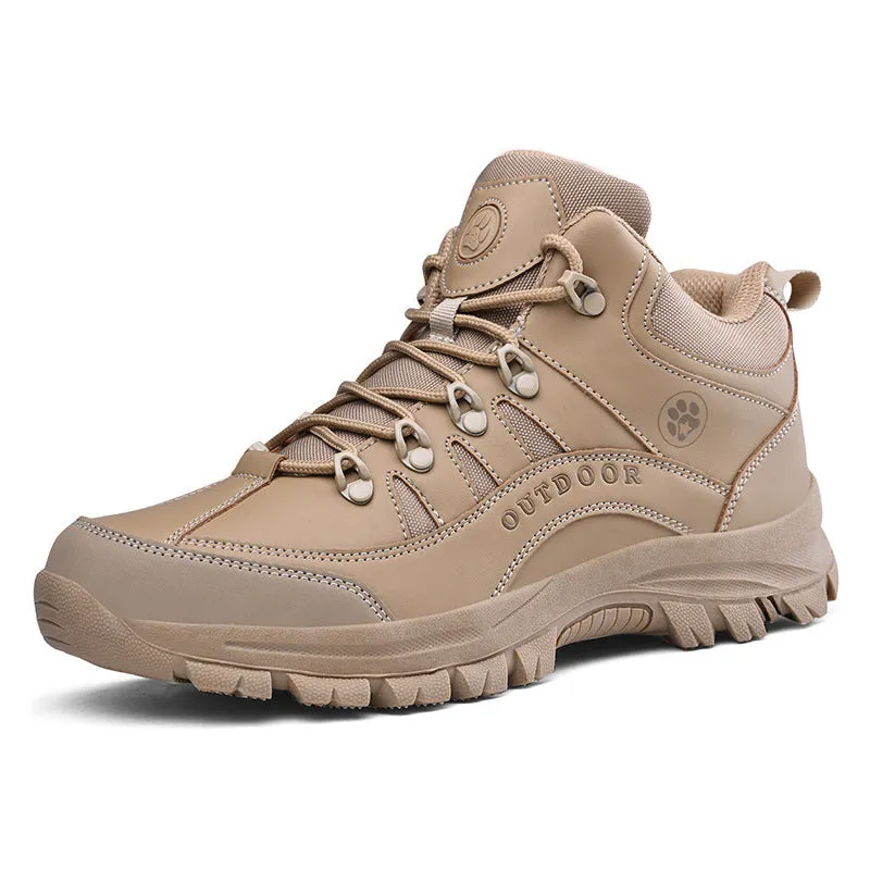 Men's military-style hiking boots in black with PU upper and rubber sole, shown on outdoor ground.