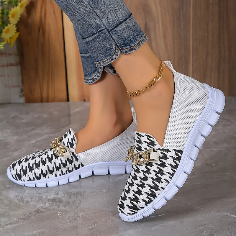 Casual houndstooth print chain mesh shoes for women, low heel, round toe, rubber sole