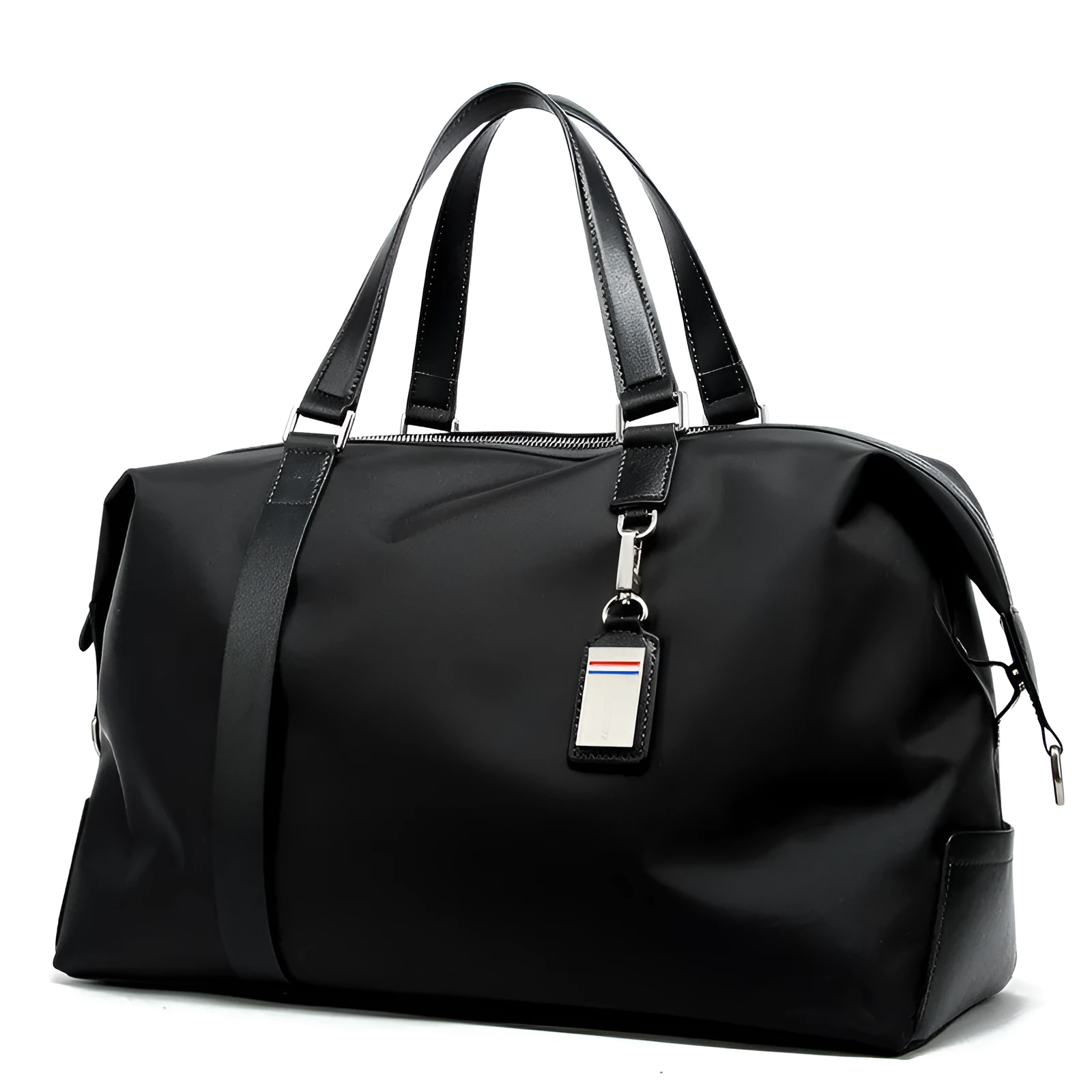 Folding Korean duffle bag for men in black nylon and microfiber, 44x26x18 cm, with zipper pocket