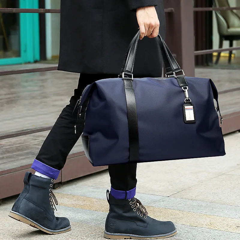 Folding Korean duffle bag for men in black nylon and microfiber, 44x26x18 cm, with zipper pocket