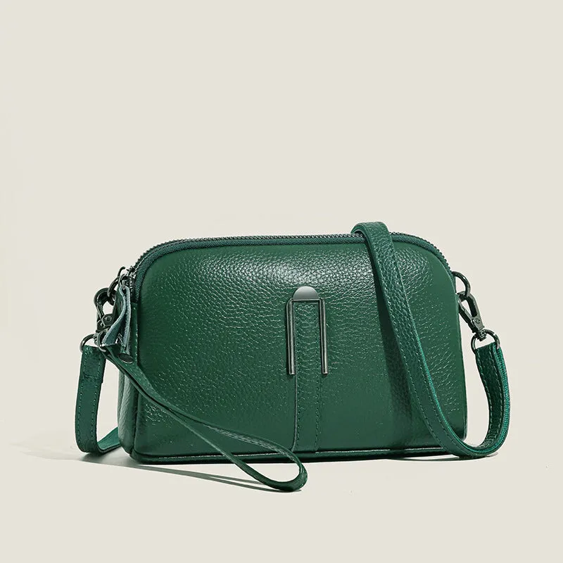Genuine leather women's shoulder bag in urban simplicity style, horizontal square shape, 19x13x6cm dimensions