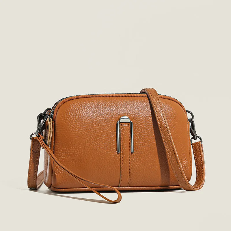 Genuine leather women's shoulder bag in urban simplicity style, horizontal square shape, 19x13x6cm dimensions