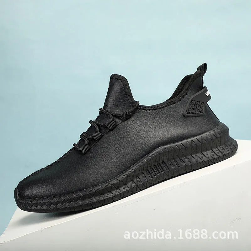Men's low top sports casual shoes in artificial leather with front lace-up and EVA sole, available in black