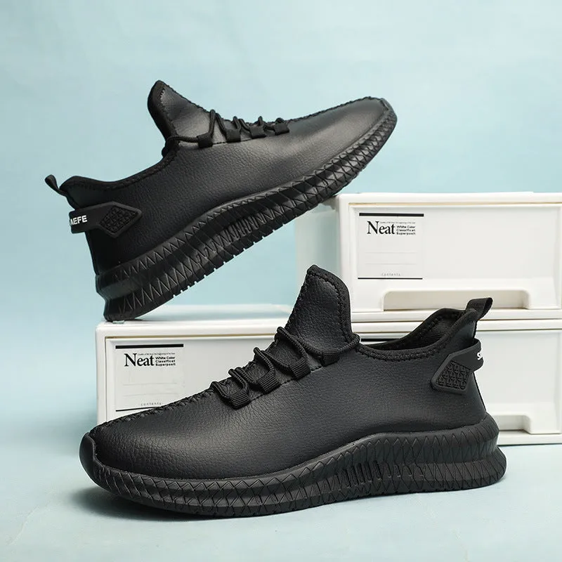 Men's low top sports casual shoes in artificial leather with front lace-up and EVA sole, available in black