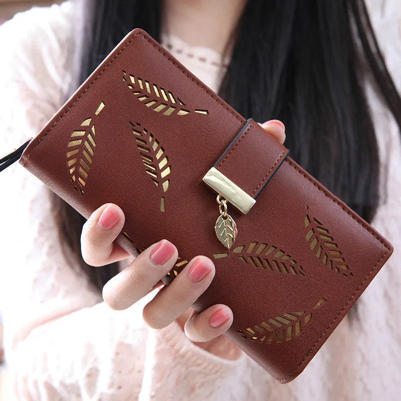 Women long wallet with hollow leaves design, soft PU surface, zipper closure, apricot colour, multiple compartments