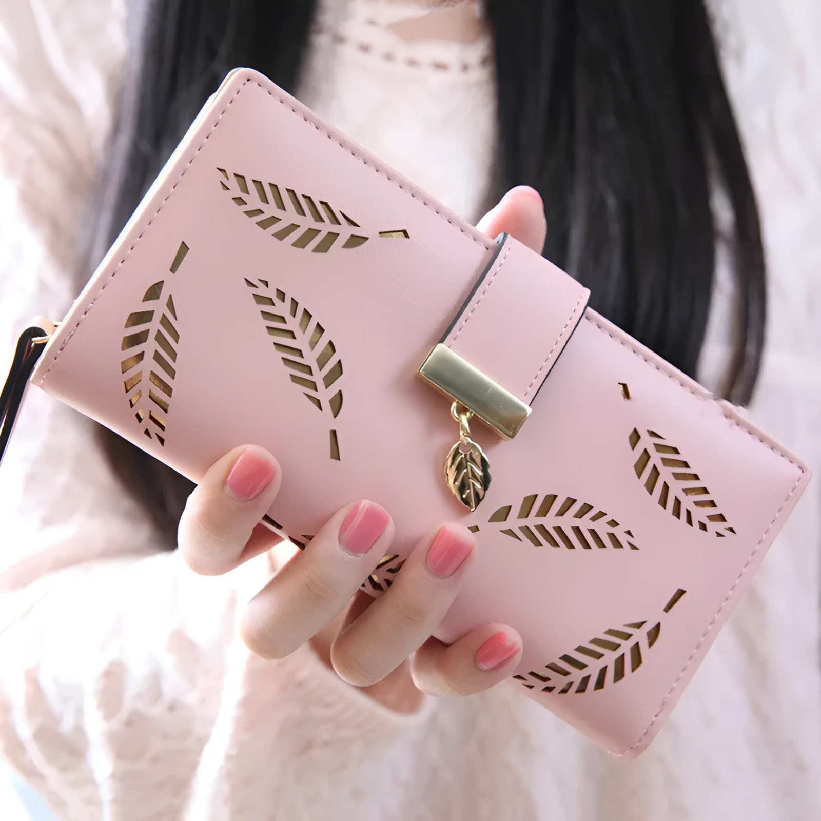 Women long wallet with hollow leaves design, soft PU surface, zipper closure, apricot colour, multiple compartments