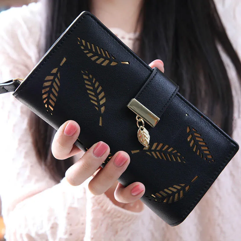 Women long wallet with hollow leaves design, soft PU surface, zipper closure, apricot colour, multiple compartments