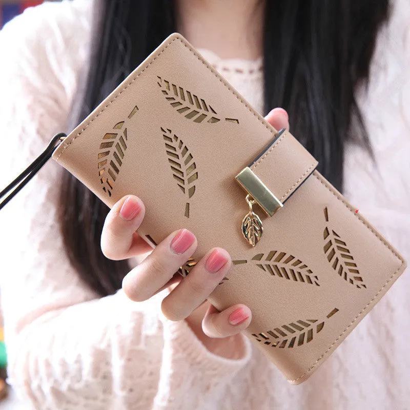 Women long wallet with hollow leaves design, soft PU surface, zipper closure, apricot colour, multiple compartments