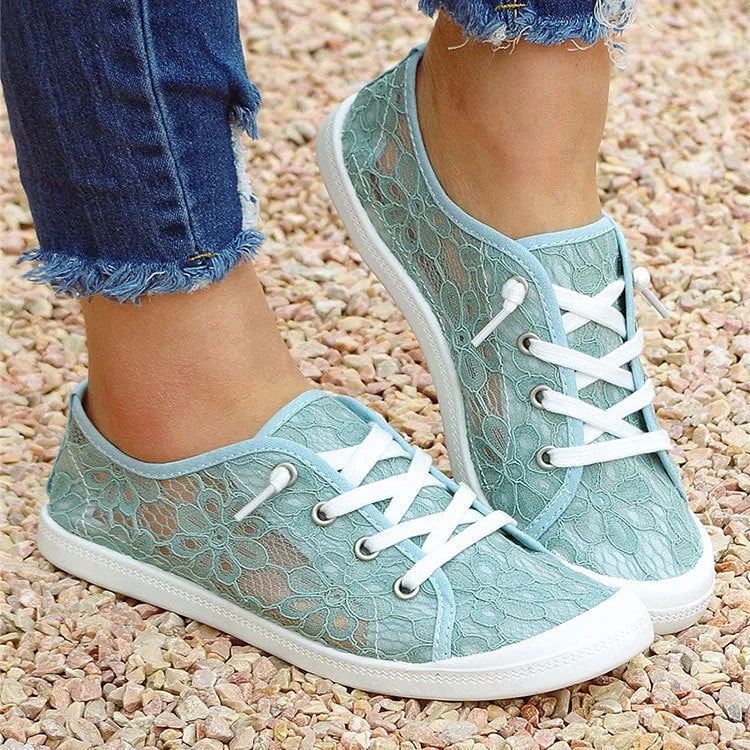 Women's breathable mesh lace flats shoes in beige with round toe and front lacing