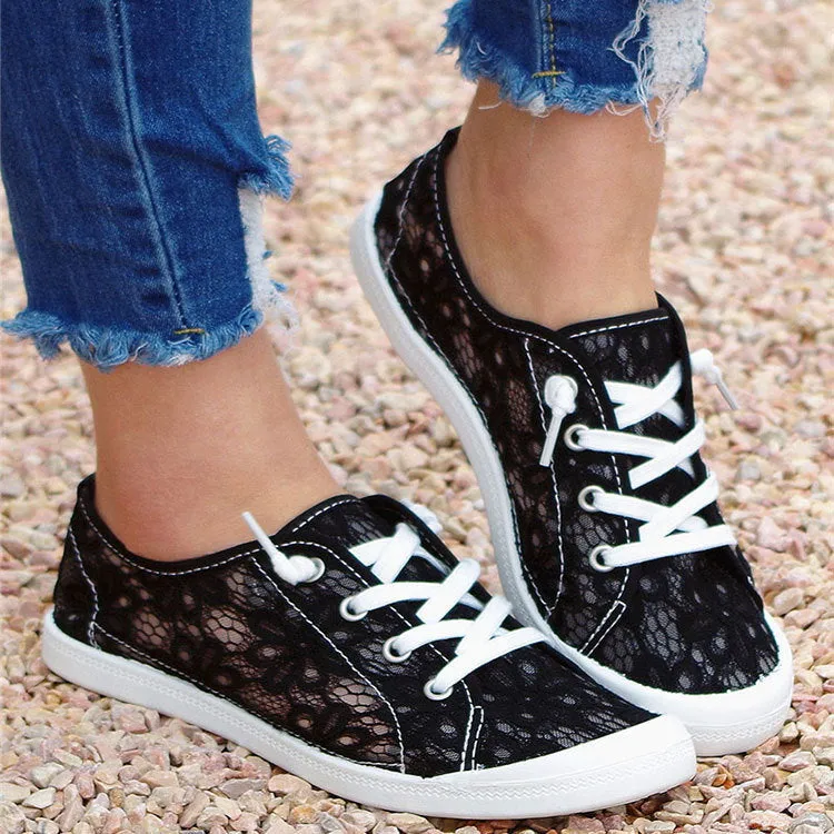 Women's breathable mesh lace flats shoes in beige with round toe and front lacing