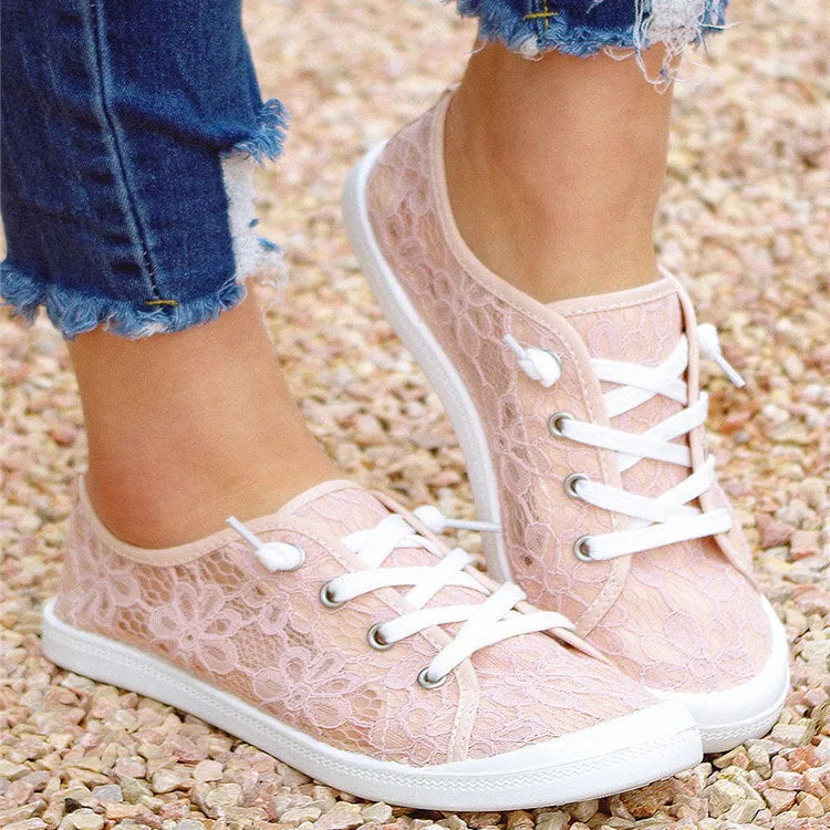Women's breathable mesh lace flats shoes in beige with round toe and front lacing