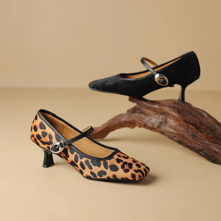 Black square toe stiletto ankle-strap heels with horse hair upper and buckle closure