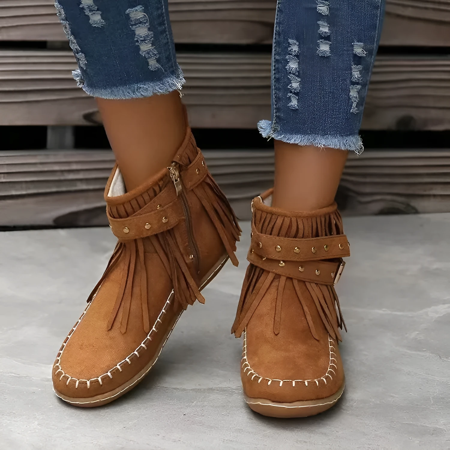 Retro ankle boots with rivet tassel flat heel suede women winter boots black