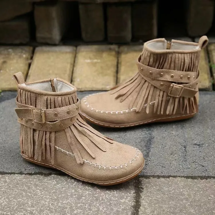 Retro ankle boots with rivet tassel flat heel suede women winter boots black
