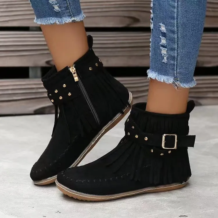 Retro ankle boots with rivet tassel flat heel suede women winter boots black