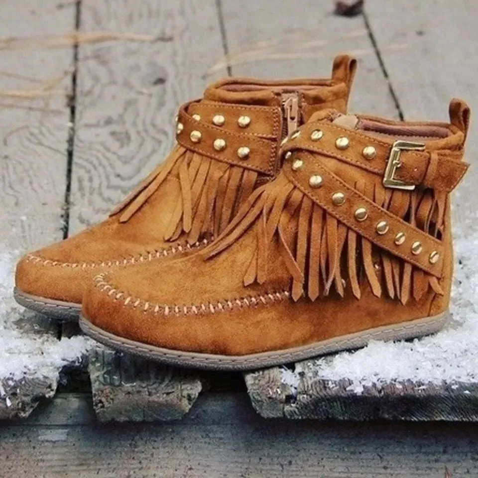 Retro ankle boots with rivet tassel flat heel suede women winter boots black