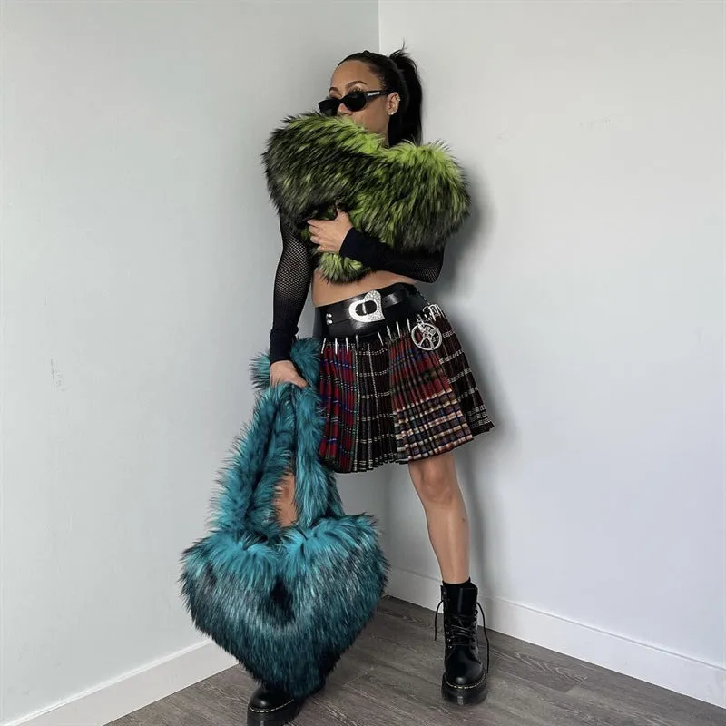 Women winter fleece heart shape crossbody bag with plush exterior, tassel detail, and large capacity