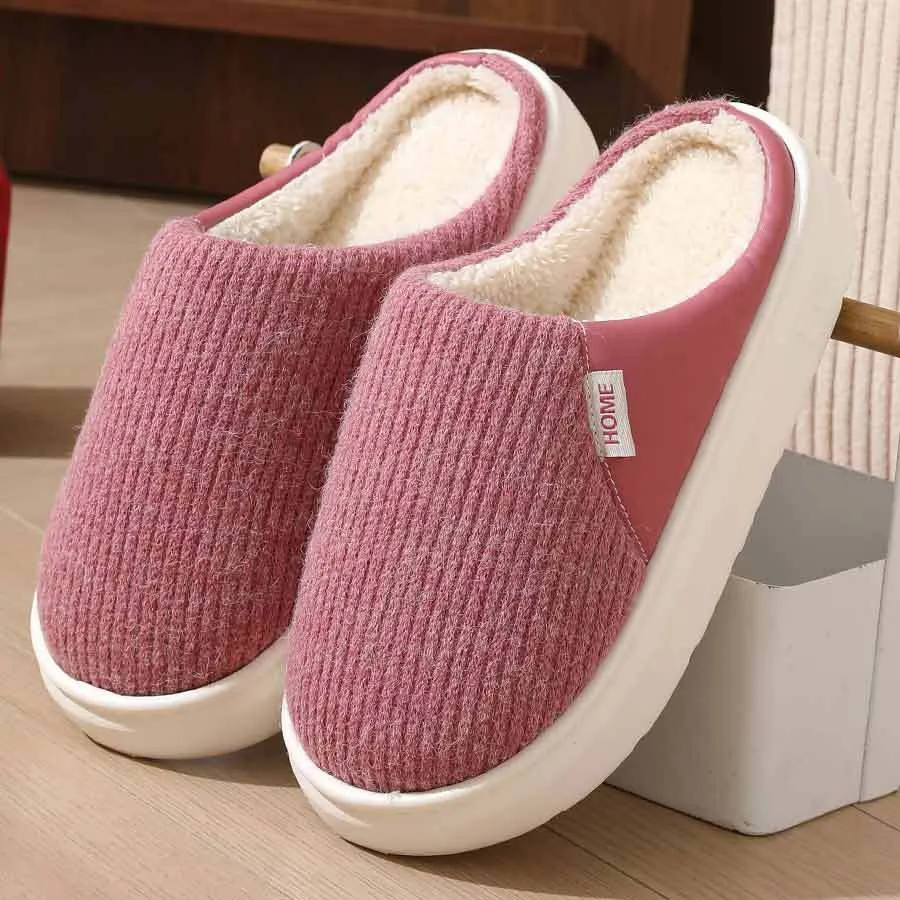 Winter warm plush home slippers with knitted fabric upper and thick TPR sole in multiple colours