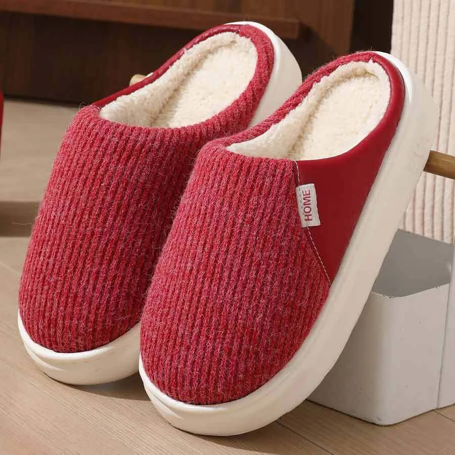 Winter warm plush home slippers with knitted fabric upper and thick TPR sole in multiple colours
