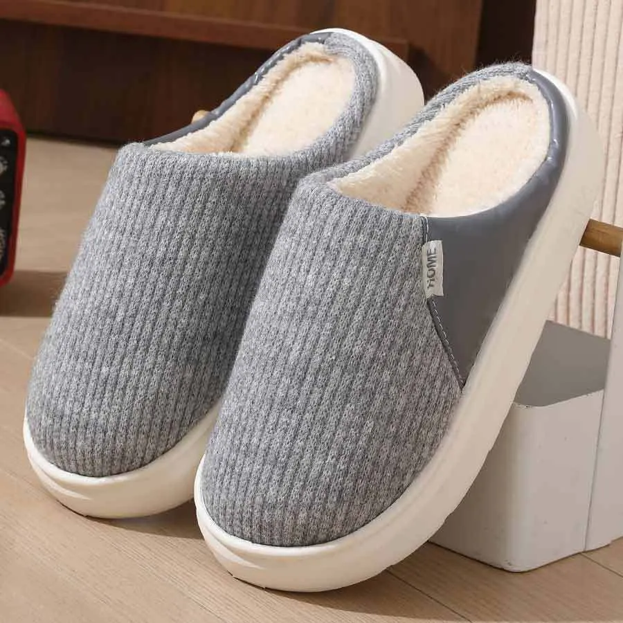 Winter warm plush home slippers with knitted fabric upper and thick TPR sole in multiple colours