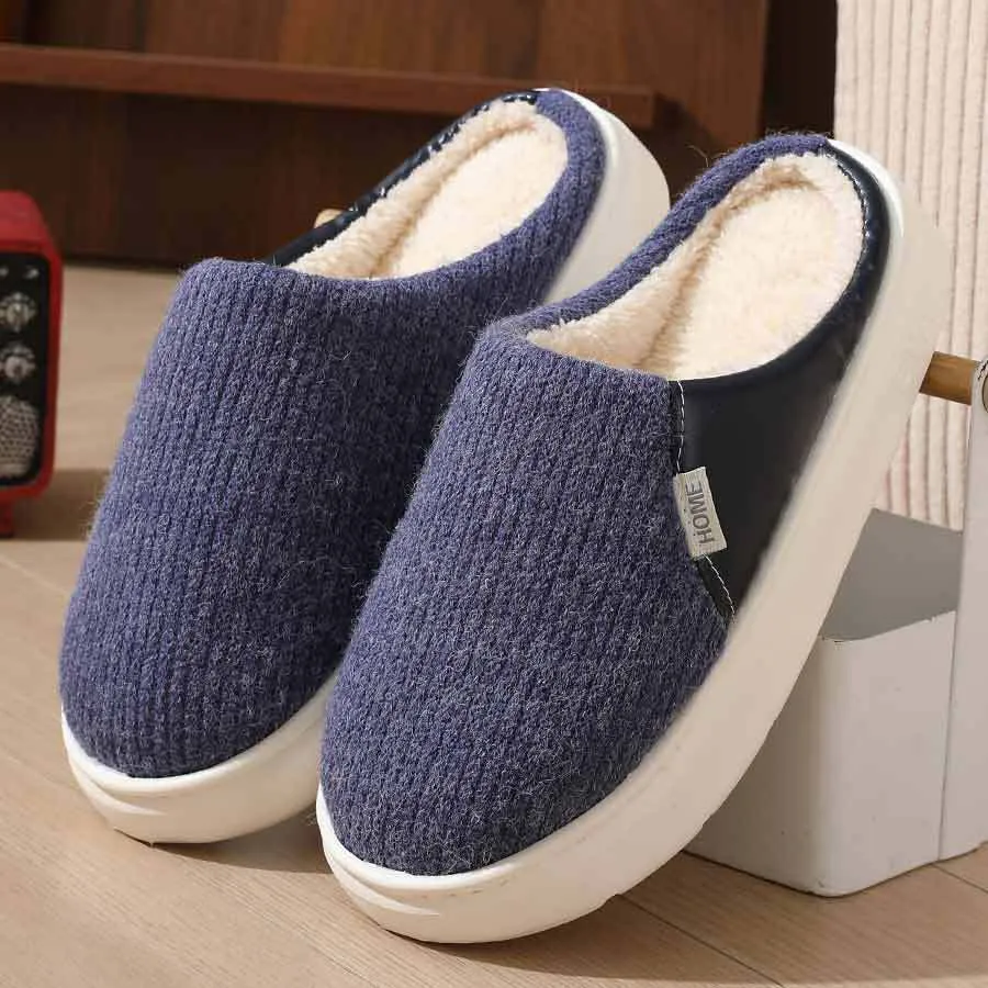 Winter warm plush home slippers with knitted fabric upper and thick TPR sole in multiple colours