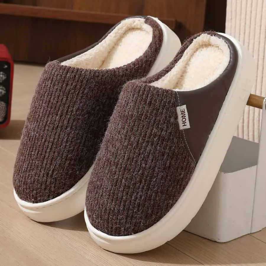 Winter warm plush home slippers with knitted fabric upper and thick TPR sole in multiple colours