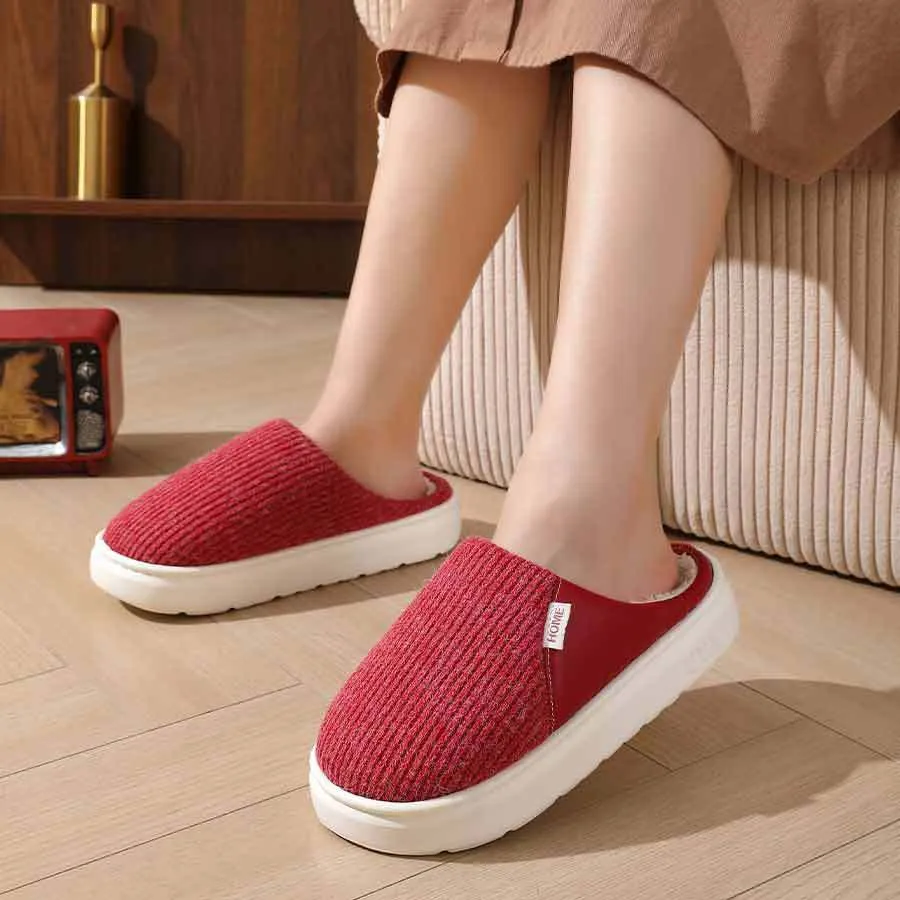 Winter warm plush home slippers with knitted fabric upper and thick TPR sole in multiple colours