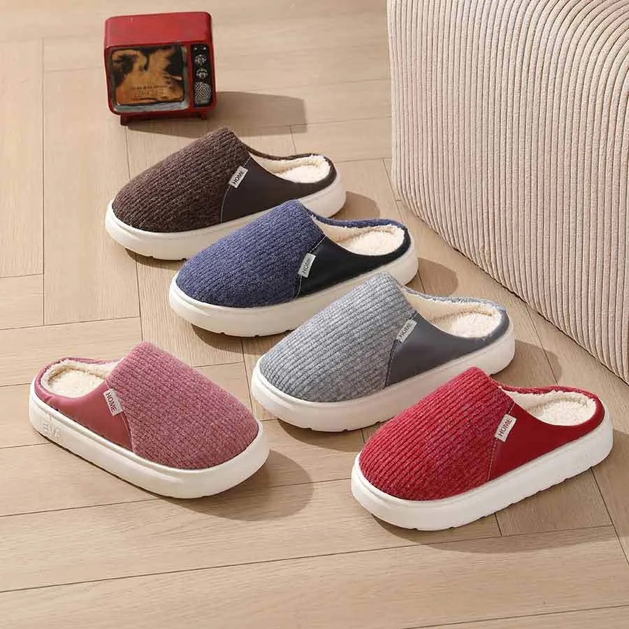 Winter warm plush home slippers with knitted fabric upper and thick TPR sole in multiple colours
