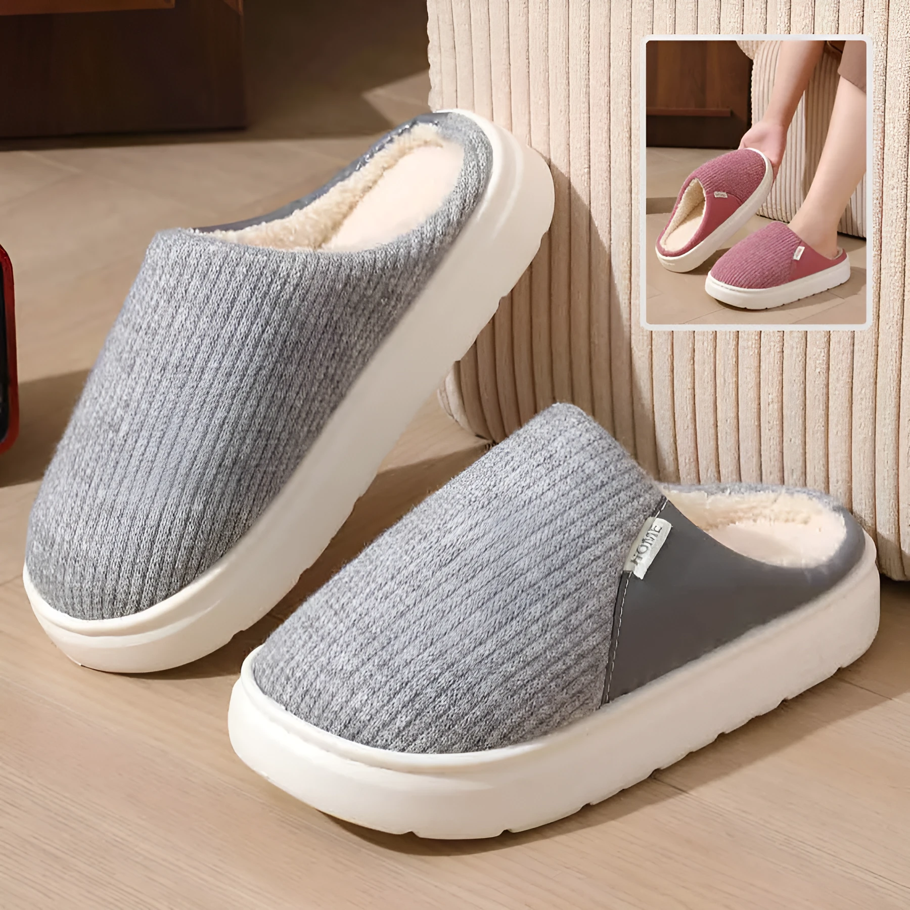 Winter warm plush home slippers with knitted fabric upper and thick TPR sole in multiple colours