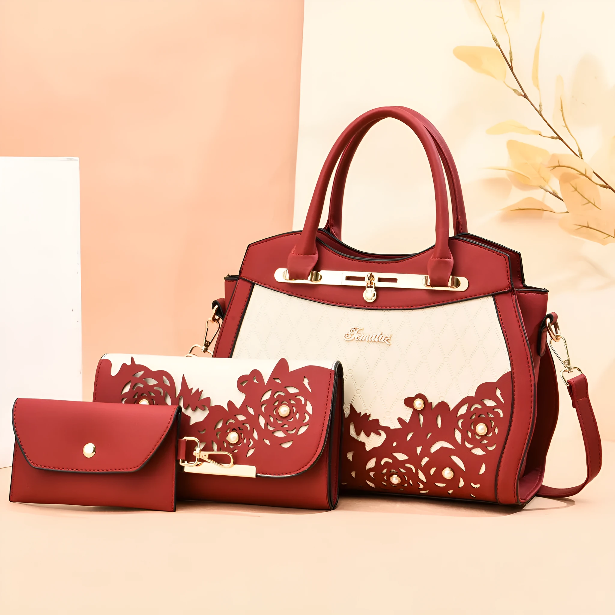 Three-piece PU leather handbag set in black includes large handbag, wallet, and small square bag with zipper closure