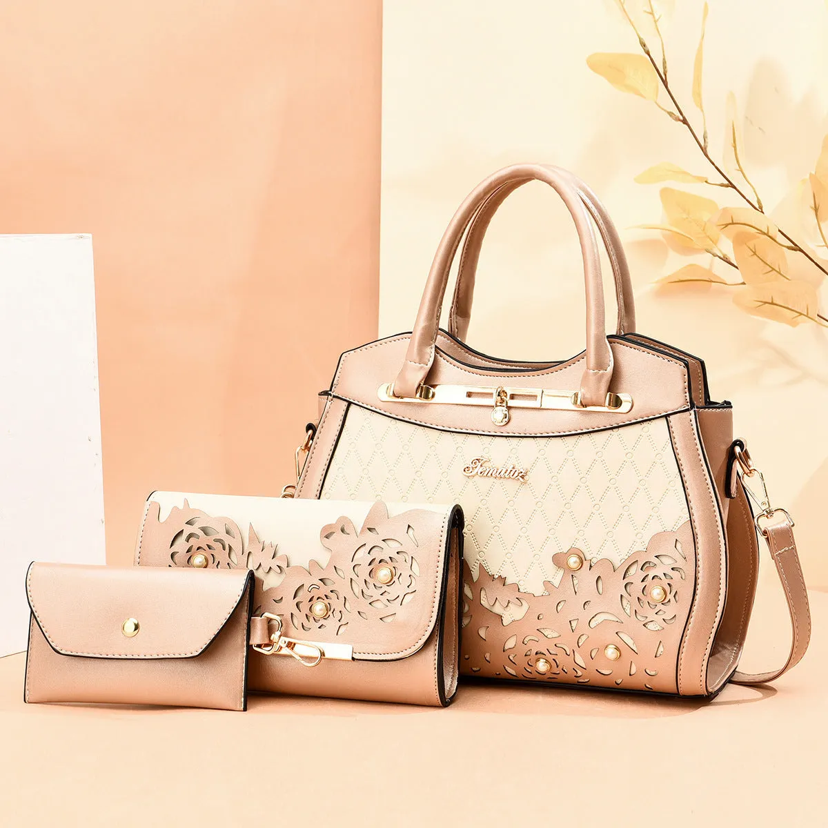 Three-piece PU leather handbag set in black includes large handbag, wallet, and small square bag with zipper closure