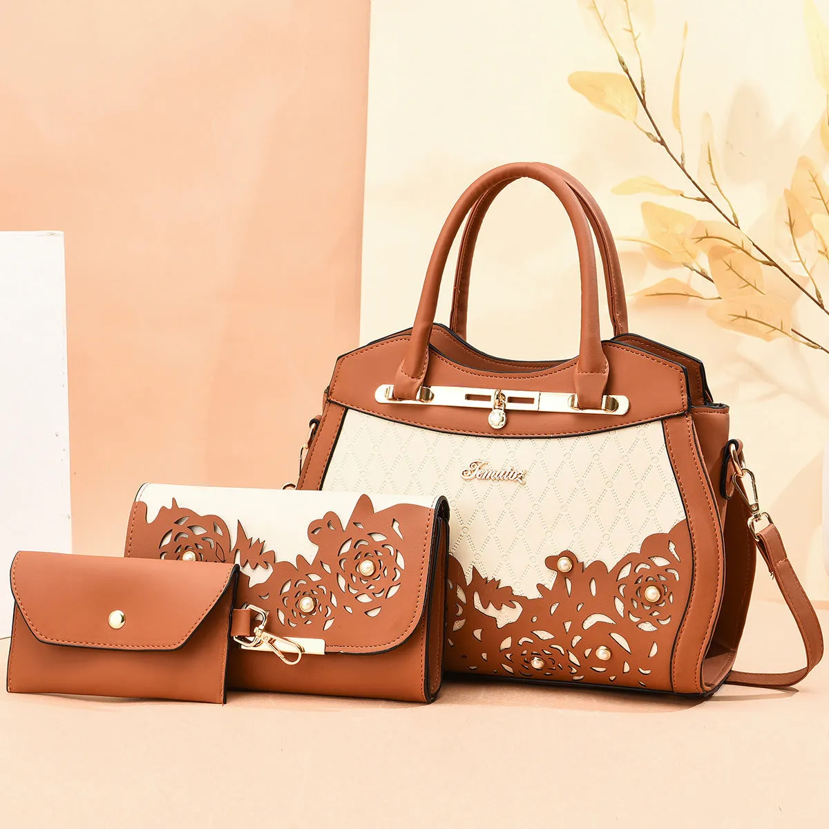Three-piece PU leather handbag set in black includes large handbag, wallet, and small square bag with zipper closure