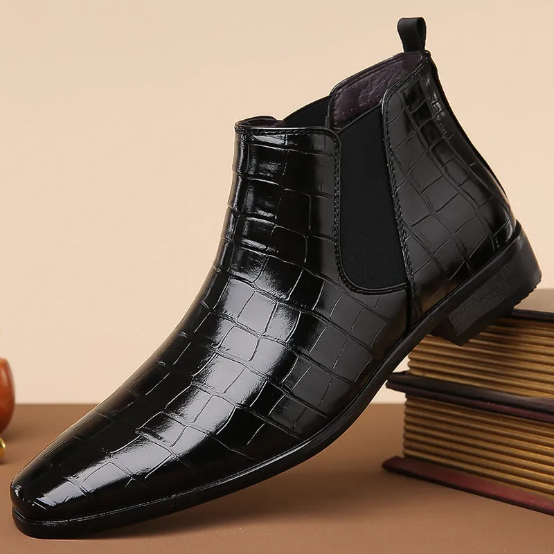 Men's glossy high-top Chelsea boots in black brown with artificial leather upper and rubber sole