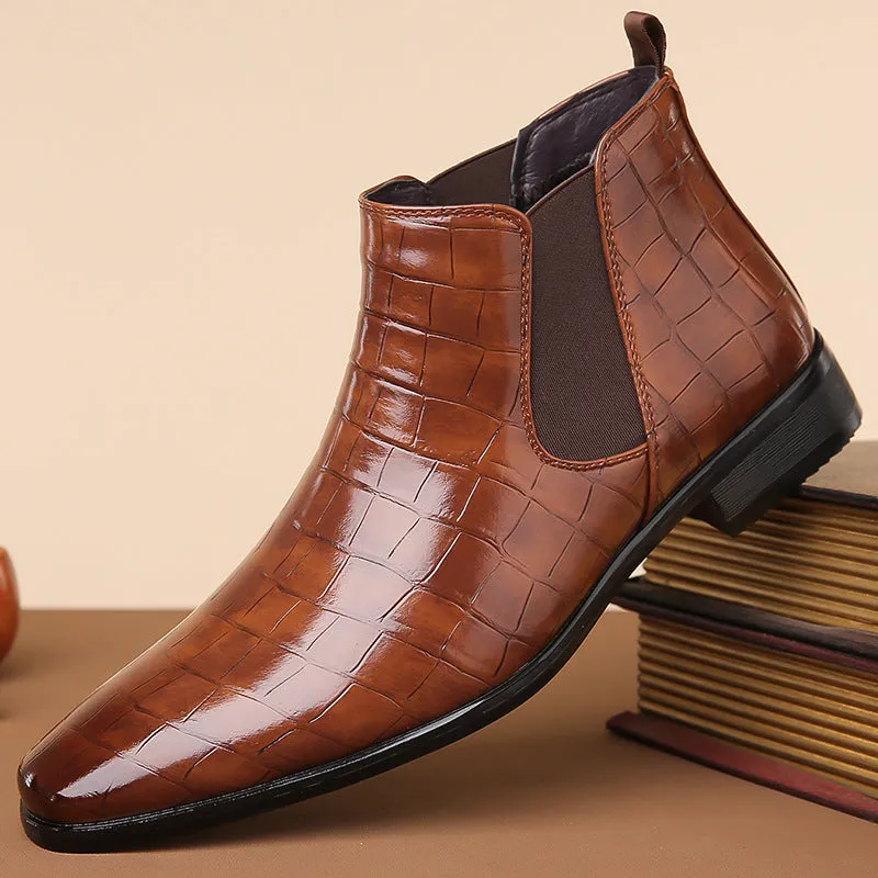 Men's glossy high-top Chelsea boots in black brown with artificial leather upper and rubber sole