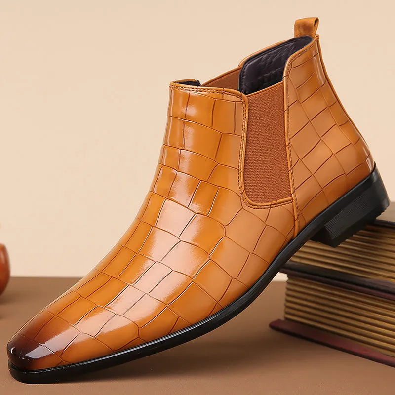 Men's glossy high-top Chelsea boots in black brown with artificial leather upper and rubber sole