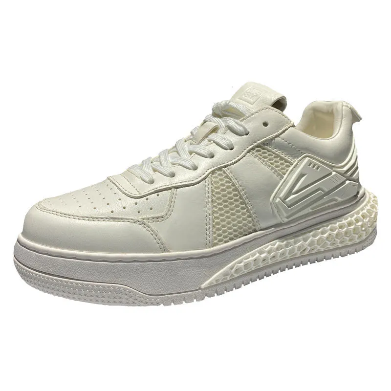 Men's white leather lace-up casual shoes with cowhide upper and rubber sole on light background