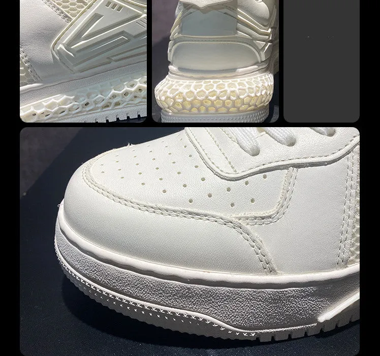 Men's white leather lace-up casual shoes with cowhide upper and rubber sole on light background