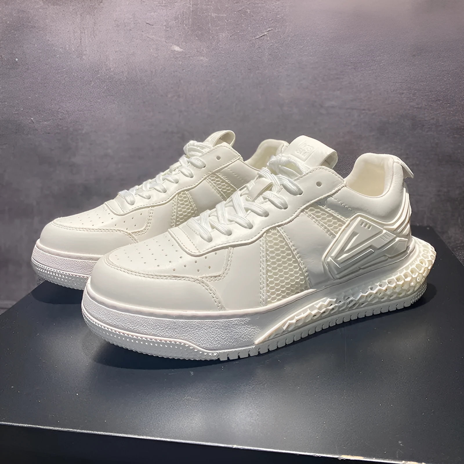 Men's white leather lace-up casual shoes with cowhide upper and rubber sole on light background