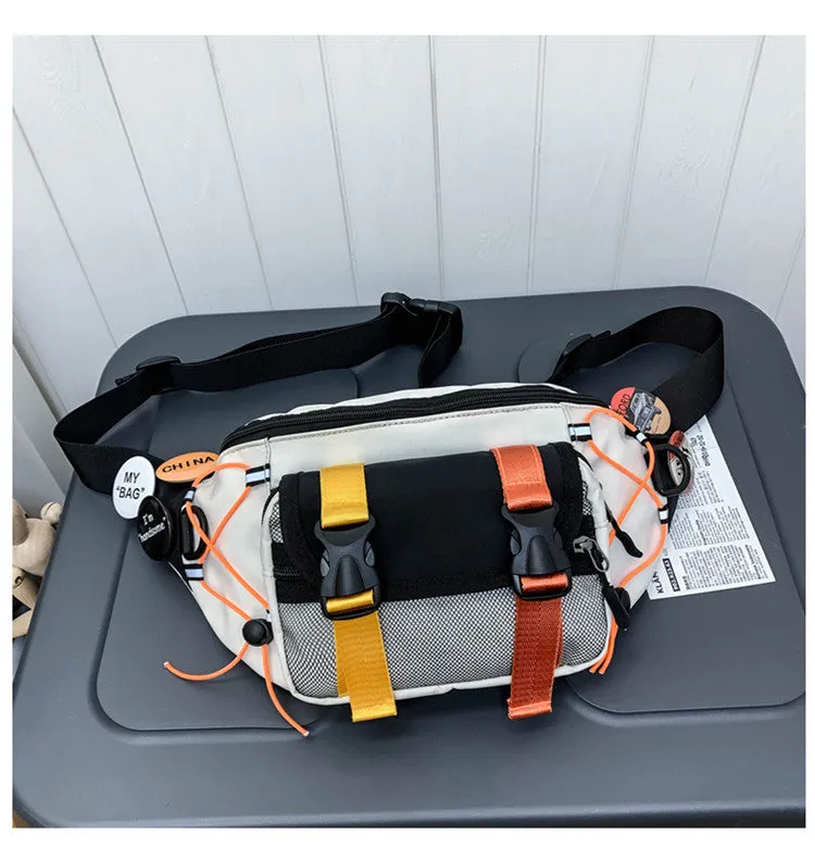 Fashion brand ladies nylon messenger bag with bungee style, black with badge, medium size, plain pattern