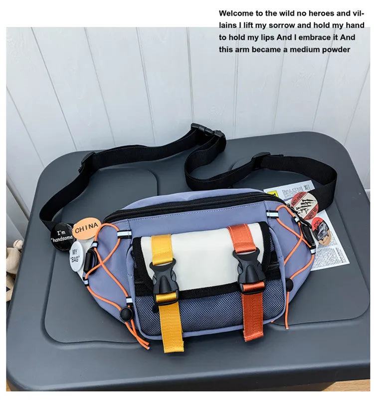 Fashion brand ladies nylon messenger bag with bungee style, black with badge, medium size, plain pattern
